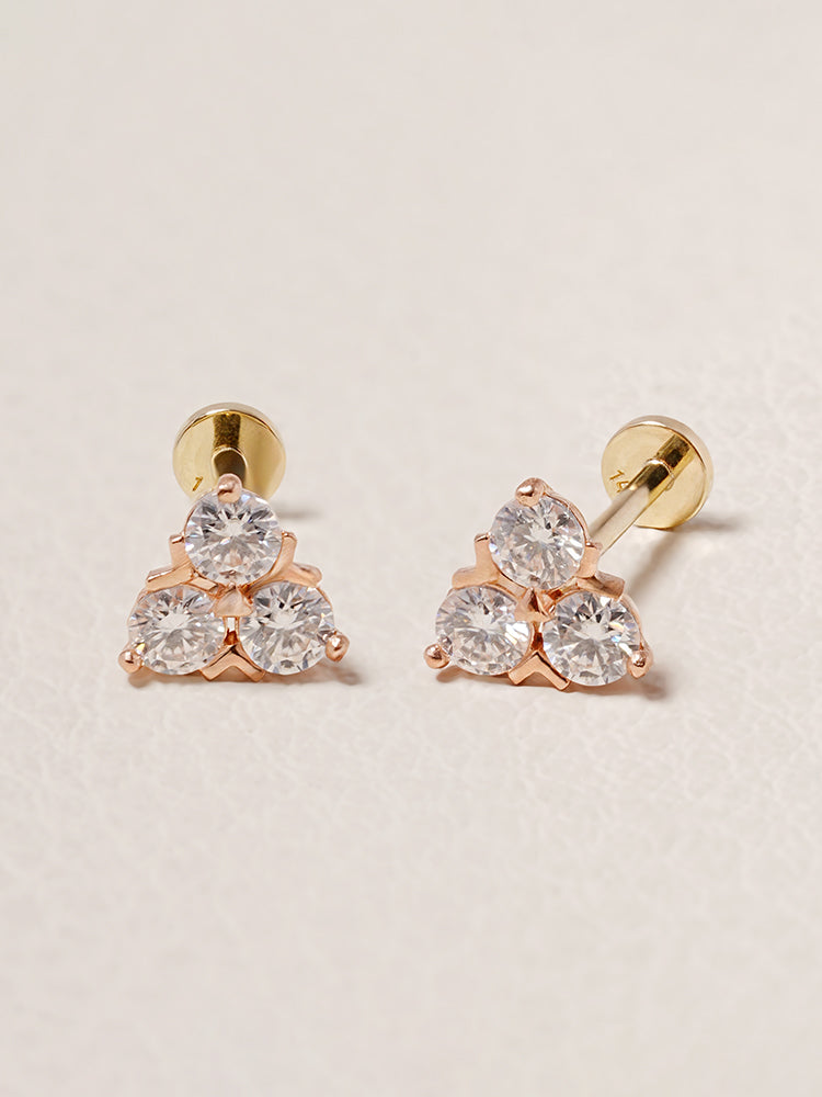 14K Solid Gold Moissanite Dia Trio Internally Threaded Labret Piercing 20G