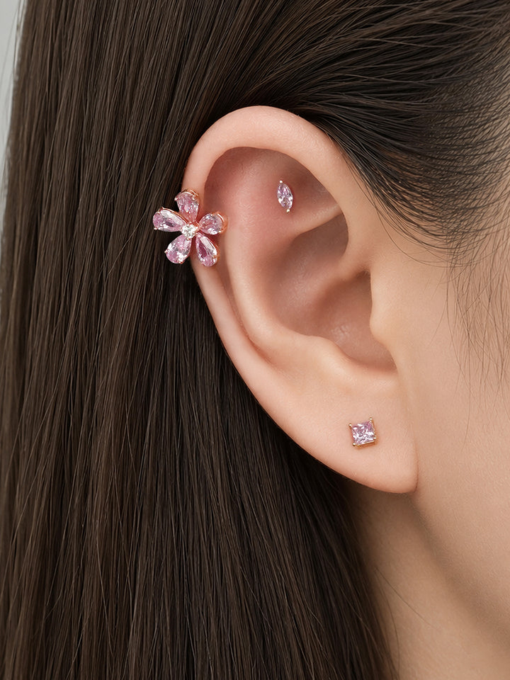 14K Solid Gold Big Flower Color Cubic Cartilage Earring 20G