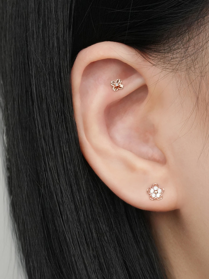 14K Solid Gold Mini Bloom Cubic Cartilage Earring 20G