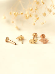 14K Gold Internally Threaded Mini Leaf Labret Piercing 18G16G