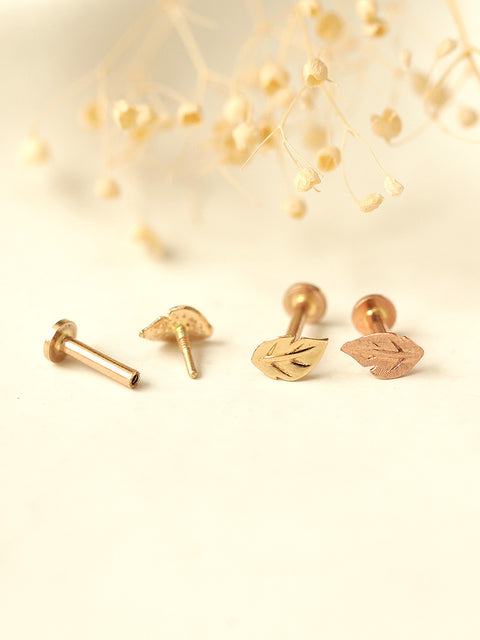 14K Gold Internally Threaded Mini Leaf Labret Piercing 18G16G