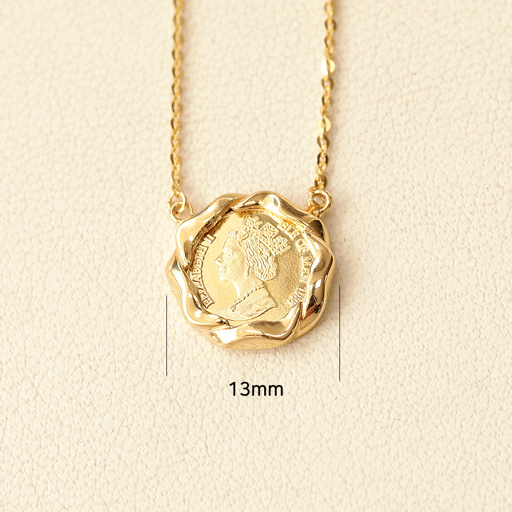 14K 18K Solid Gold Flower Elizabeth Coin Necklace