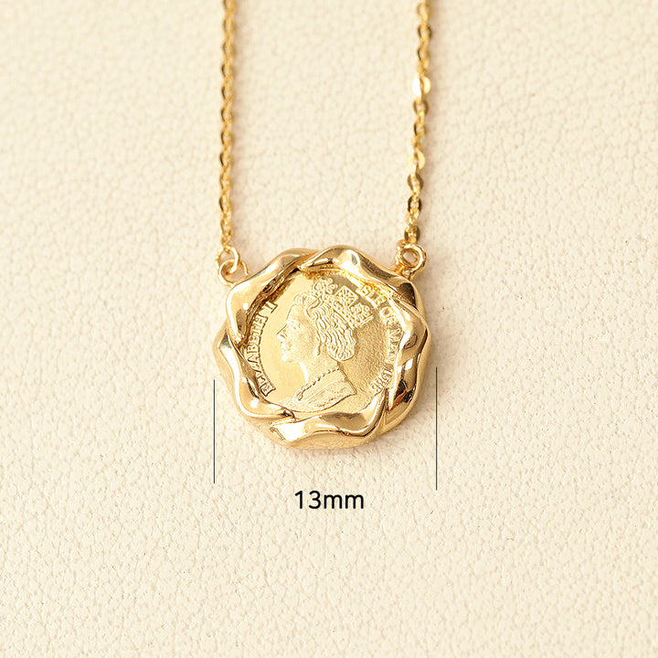 14K 18K Solid Gold Flower Elizabeth Coin Necklace