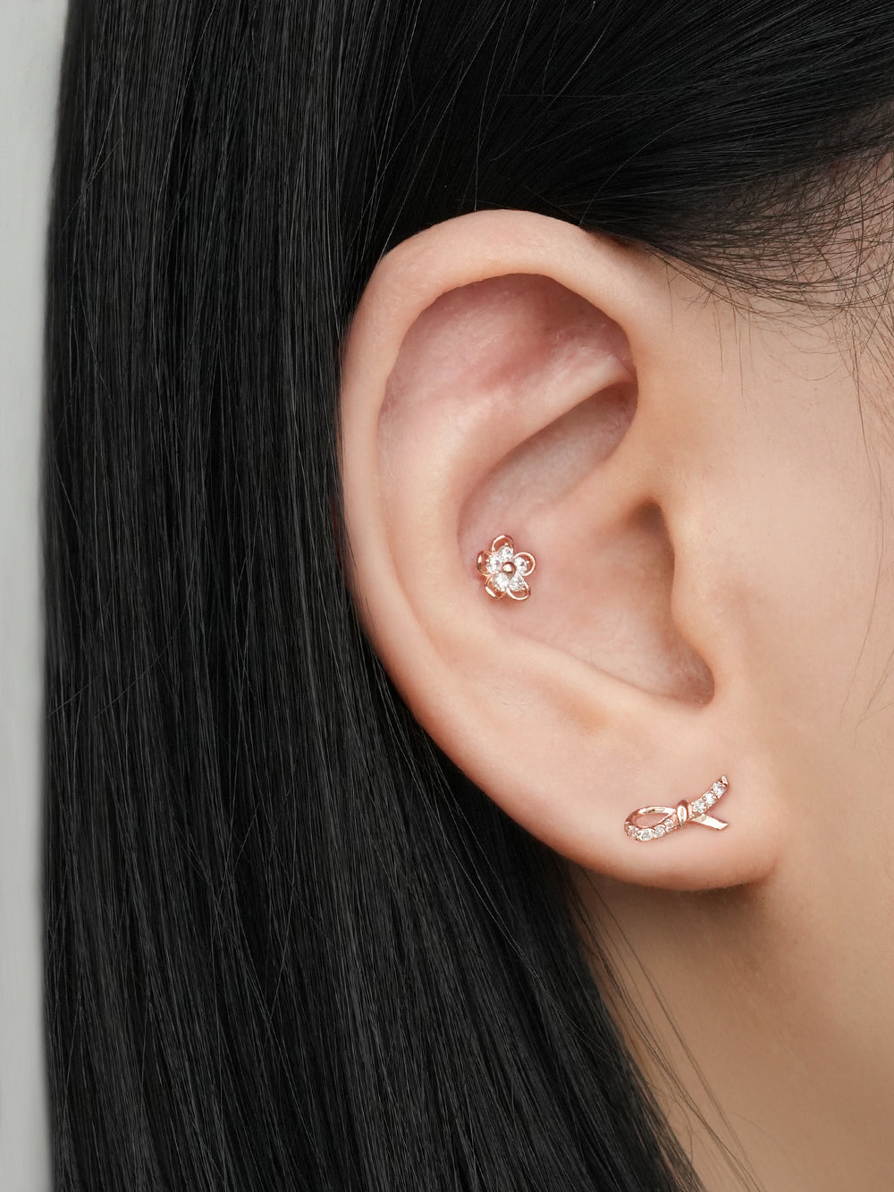 14K Solid Gold Slim Cubic Ribbon Cartilage Earring 20G