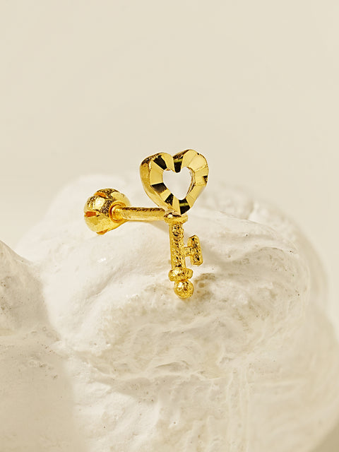 24K Gold Heart Key Cartilage Earring 20G