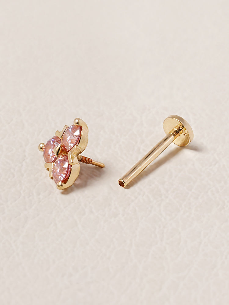 14K Solid Gold Moissanite Dia Trio Internally Threaded Labret Piercing 20G