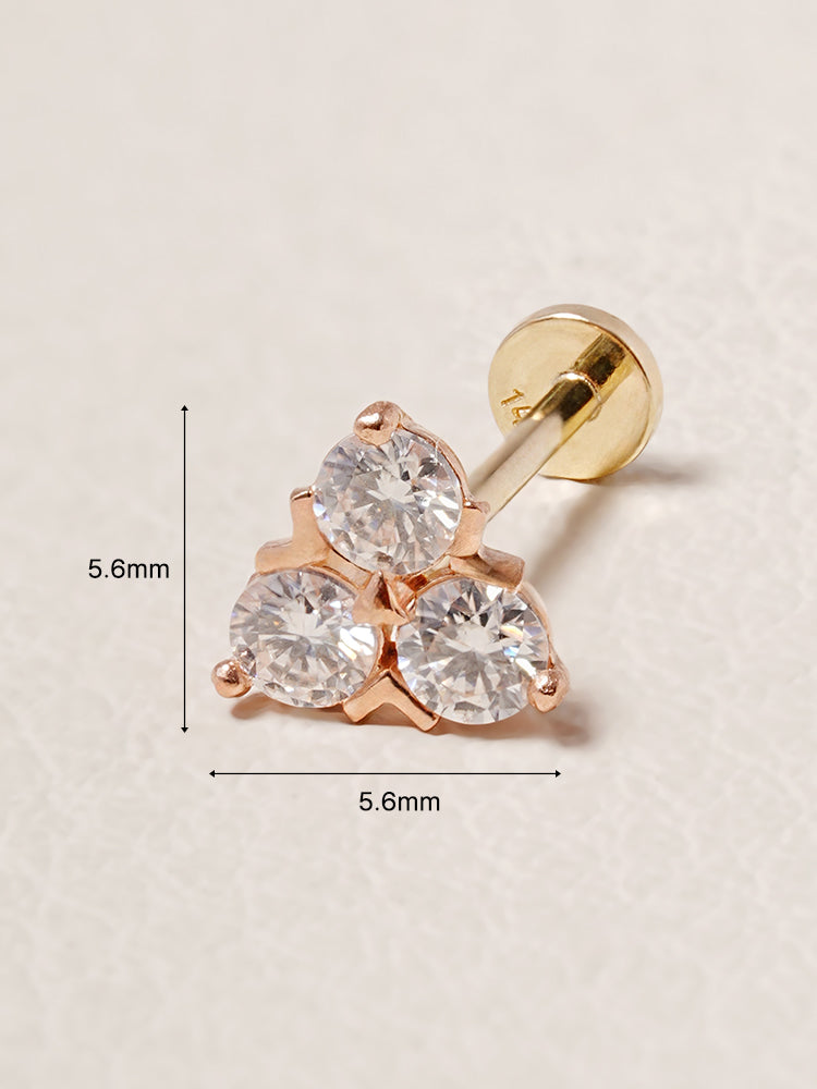 14K Solid Gold Moissanite Dia Trio Internally Threaded Labret Piercing 20G