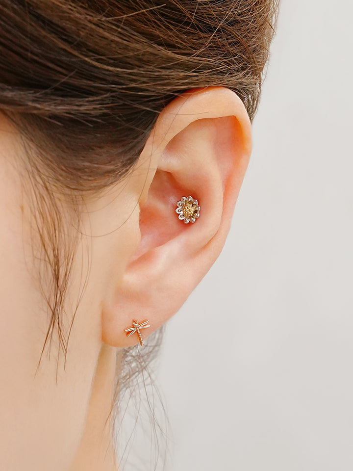 14K Solid Gold Sunflower Bloom Cartilage Earring 18G16G