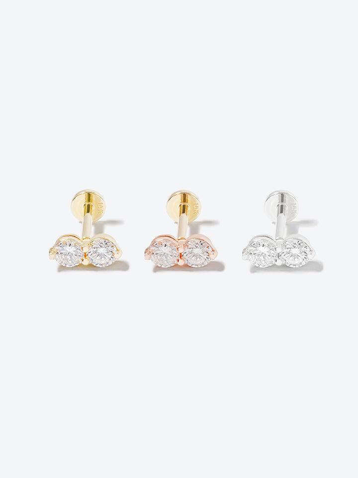 14K Solid Gold Lab Diamond Two Stone Two Way Internally Threaded Labret Piercing 20G