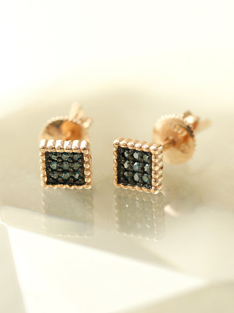 14K Gold Bubble Square Blue Dia Stud Earring