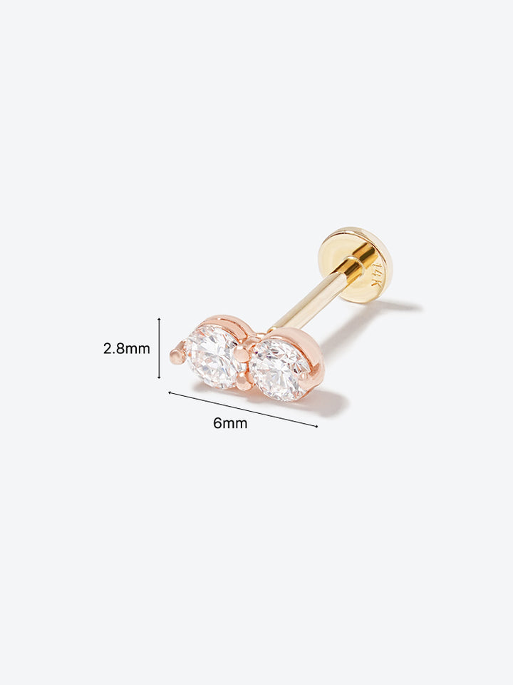 14K Solid Gold Lab Diamond Two Stone Two Way Internally Threaded Labret Piercing 20G