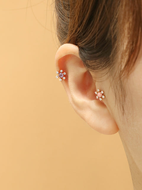 14K Gold Flower Rose-Cut Cubic Cartilage Earring 20G18G16G