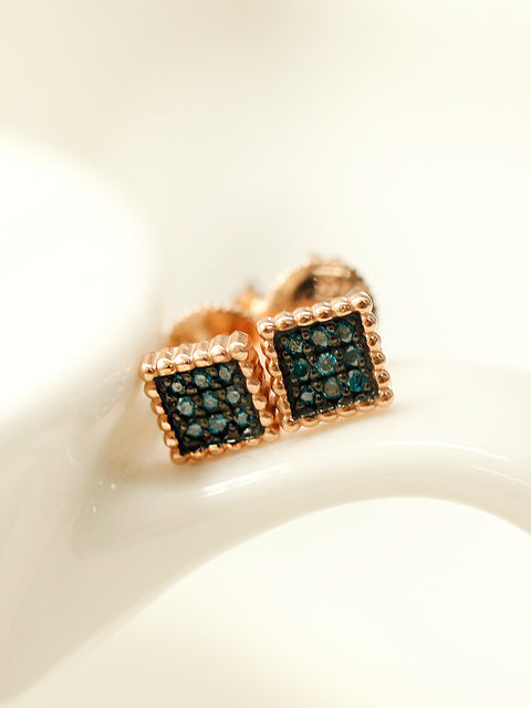 14K Gold Bubble Square Blue Dia Stud Earring