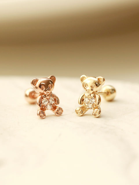 14K Gold CZ Ribbon Bear Cartilage Earring 20G18G16G