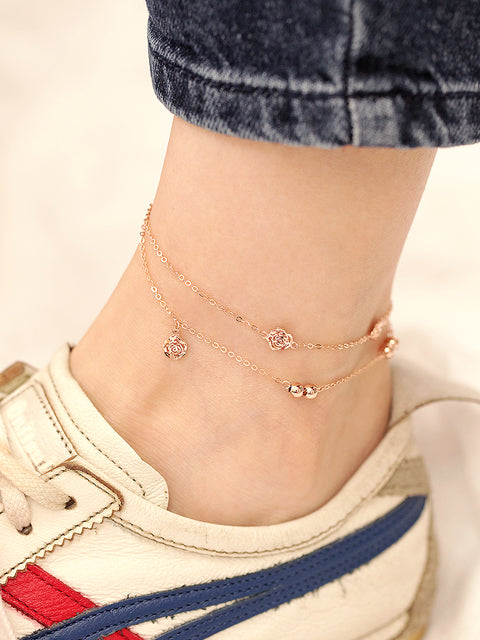 14K Gold Two Lines Rose Ball Anklet