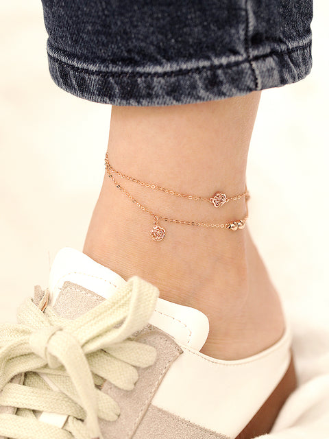 14K Gold Two Lines Rose Ball Anklet