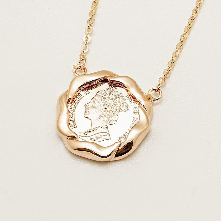 14K 18K Solid Gold Flower Elizabeth Coin Necklace