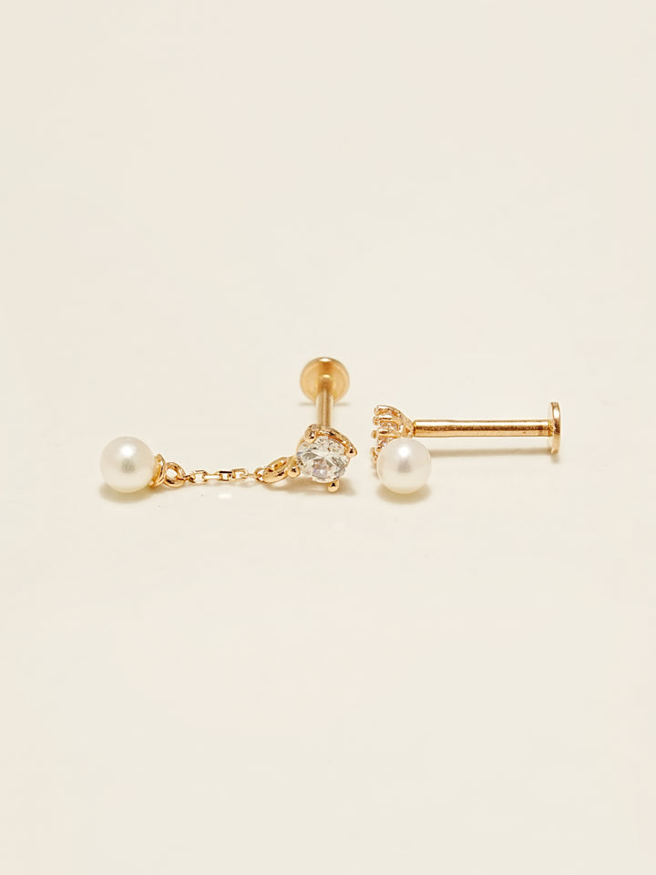 14K Gold Point Cubic Pearl Internally Threaded Labret Piercing 18G16G