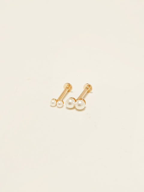 14K Gold Two Pearls Stick Internally Threaded Labret Piercing 18G16G