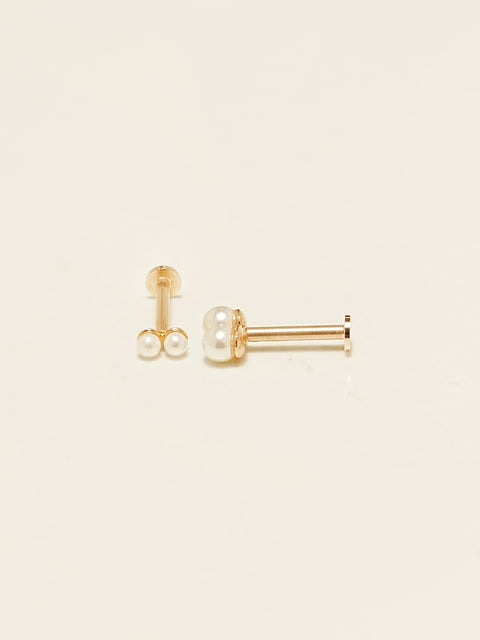 14K Gold Two Pearls Stick Internally Threaded Labret Piercing 18G16G