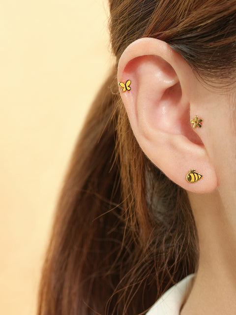 14K Gold Enamel Busy Bee Cartilage Earring 20G