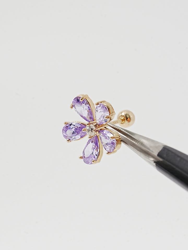 14K Solid Gold Big Flower Color Cubic Cartilage Earring 20G
