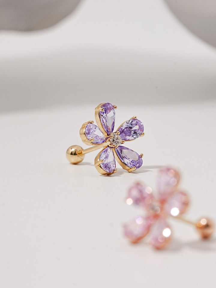 14K Solid Gold Big Flower Color Cubic Cartilage Earring 20G