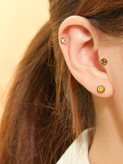 14K Gold Enamel Star Eyes Cartilage Earring 20G