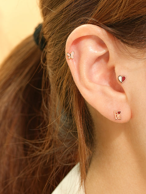 14K Gold Enamel Love Lettering Cartilage Earring 20G
