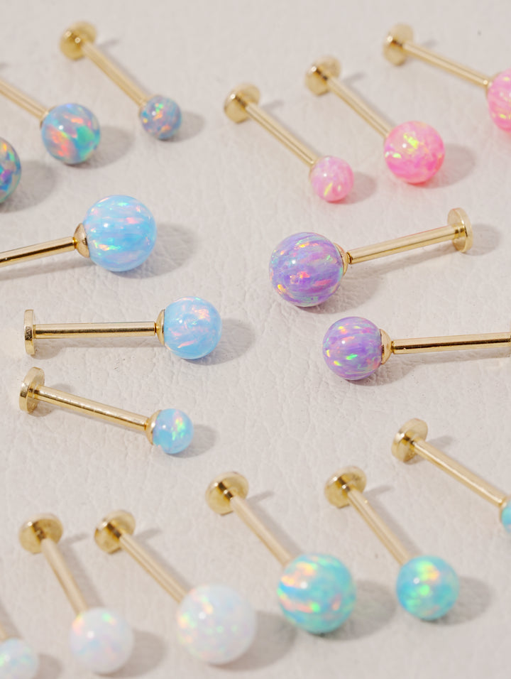14K Solid Gold Opal Internally Threaded Labret Piercing 20G