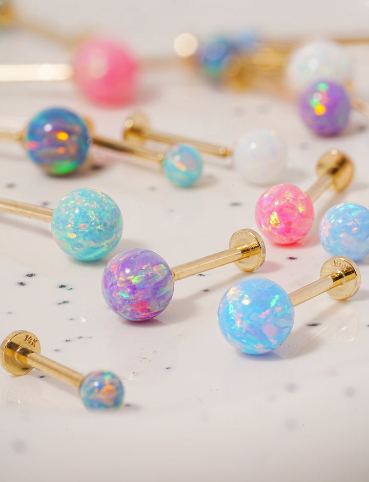 14K Solid Gold Opal Internally Threaded Labret Piercing 20G
