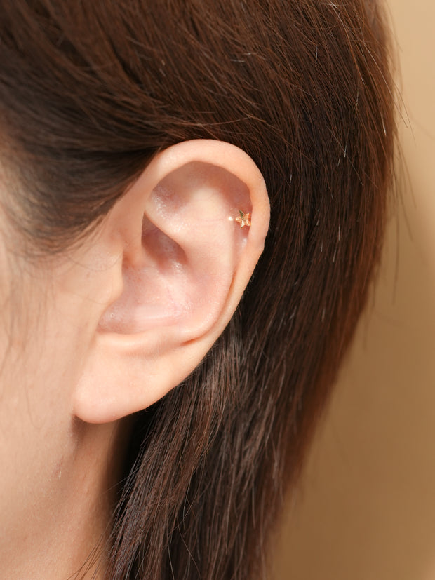 14K Gold Stripe Star Cartilage Earring 20G