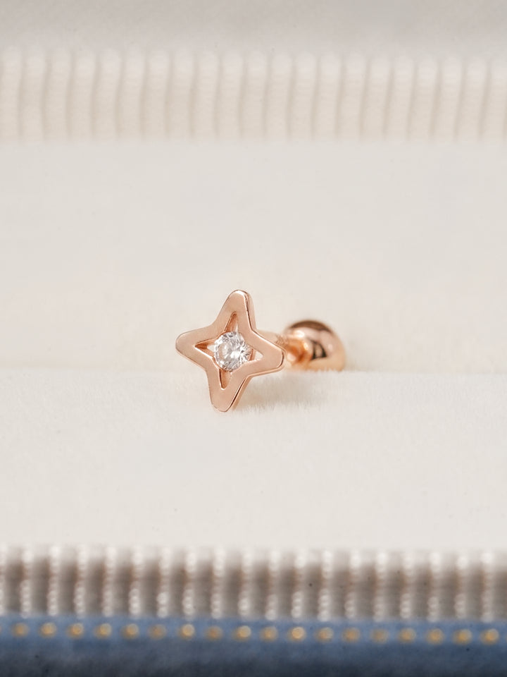 14K Solid Gold Star Cut Cubic Cartilage Earring 20G