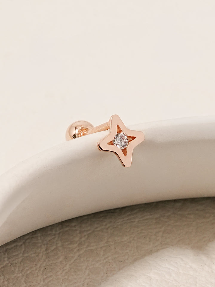 14K Solid Gold Star Cut Cubic Cartilage Earring 20G