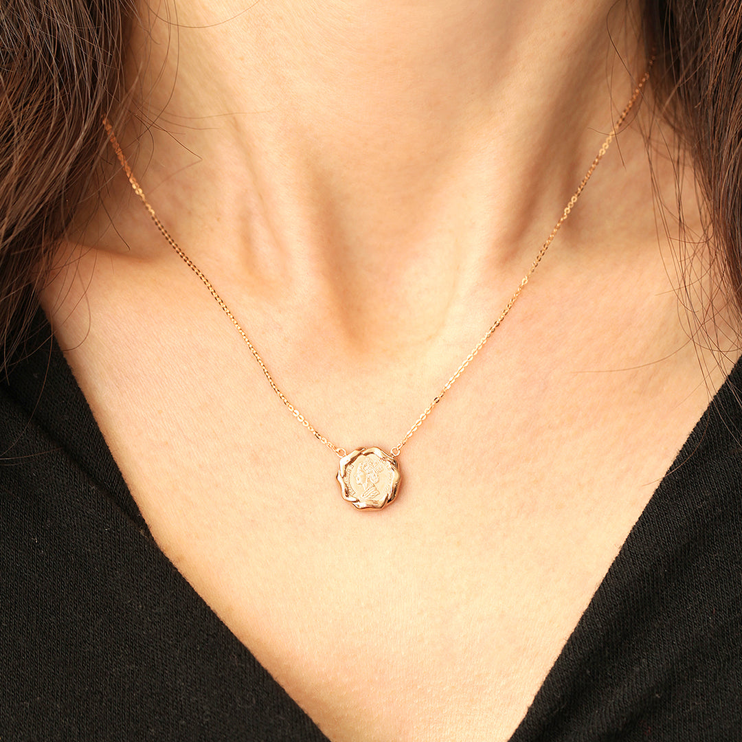 14K 18K Solid Gold Flower Elizabeth Coin Necklace