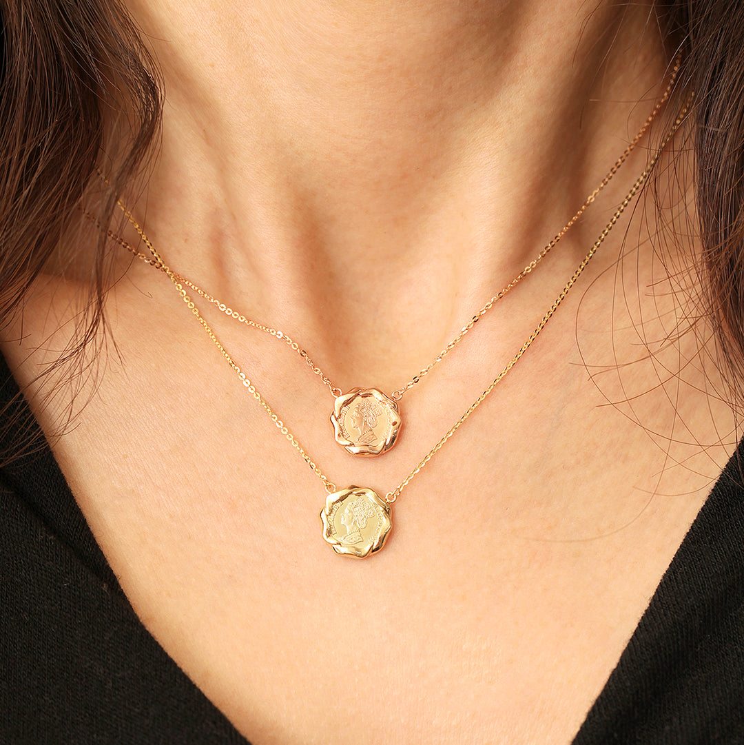14K 18K Solid Gold Flower Elizabeth Coin Necklace