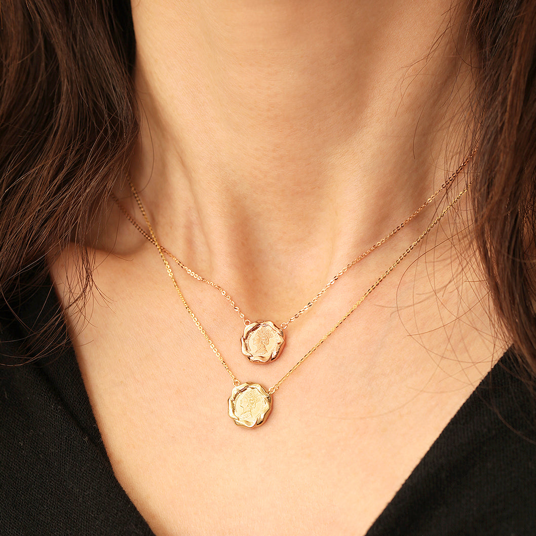 14K 18K Solid Gold Flower Elizabeth Coin Necklace