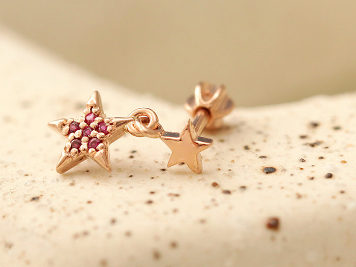 14K Gold Double Drop Star Cartilage Earring 18G