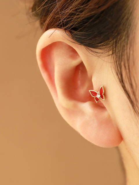 14K Gold Enamel Cubic Butterfly Cartilage Earring 20g