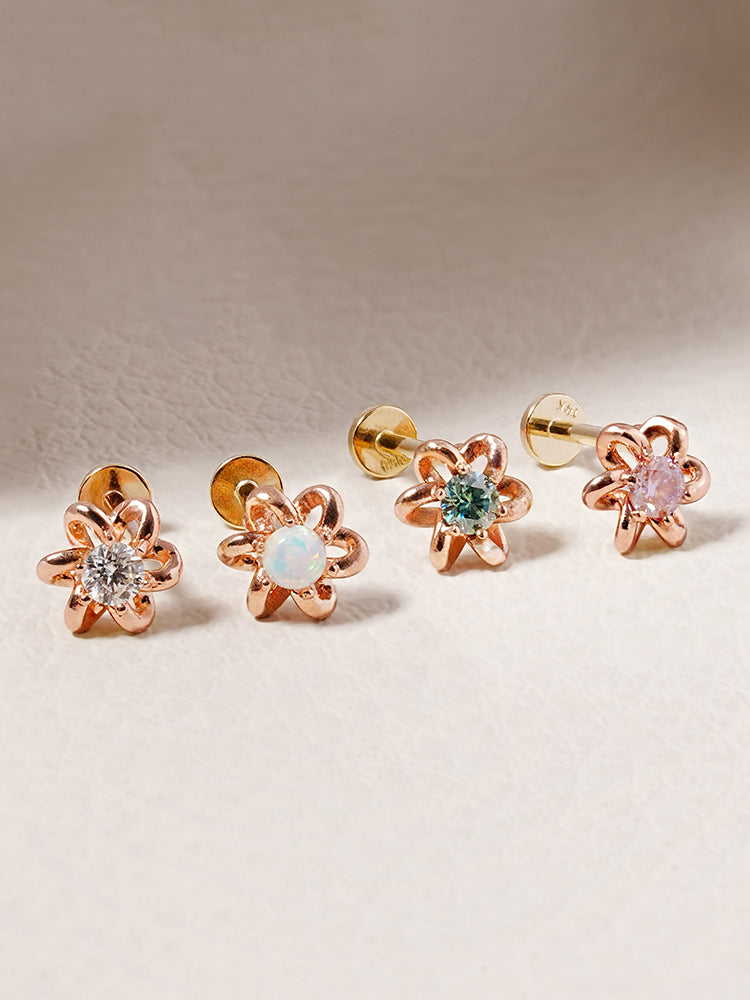 14K Solid Gold Moissanite Dia Daisy Loop Internally Threaded Labret Piercing 20G