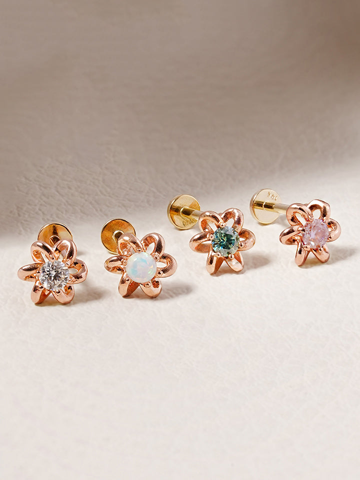 14K Solid Gold Moissanite Dia Daisy Loop Internally Threaded Labret Piercing 20G