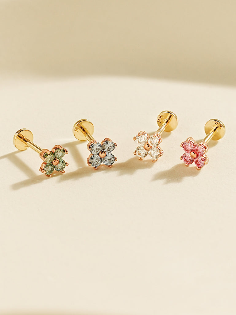 14K Gold Moissanite Four Petals Flower Internally Threaded Labret