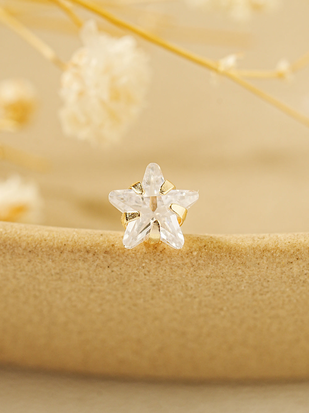 14K Gold Crystal Star Cartilage Earring 20G