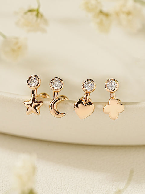 14K Gold Symbol Star, Cresent, Heart and Clover Cartilage Earring 20G18G16G