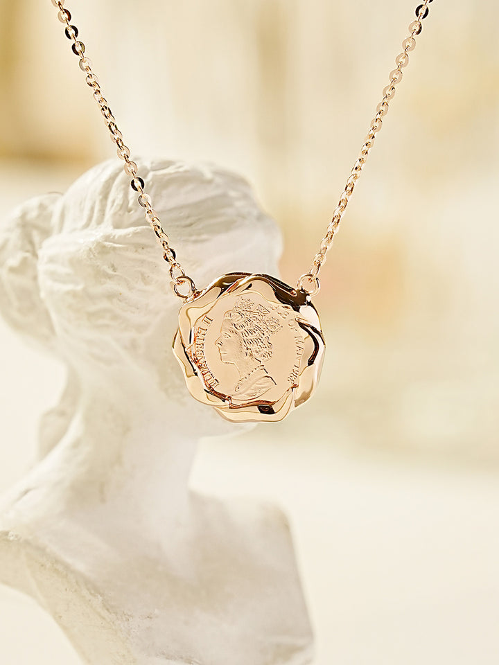 14K 18K Solid Gold Flower Elizabeth Coin Necklace