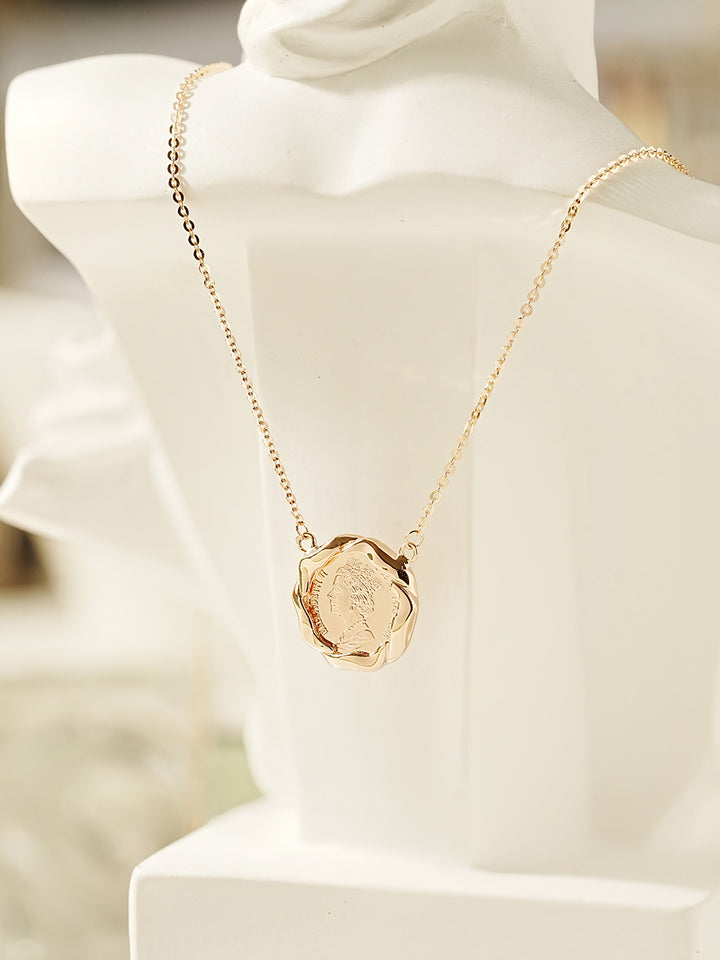 14K 18K Solid Gold Flower Elizabeth Coin Necklace