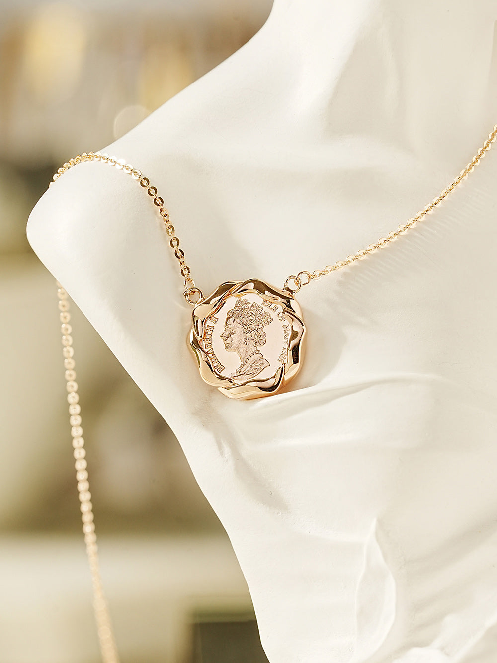 14K 18K Solid Gold Flower Elizabeth Coin Necklace