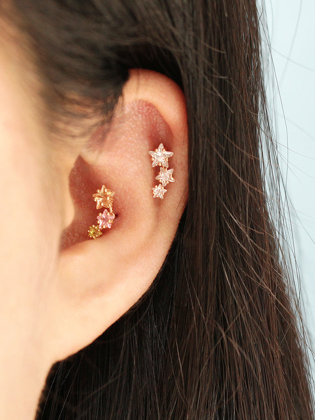 14K Gold Galaxy Triple Star Cartilage Earring 20G18G16G
