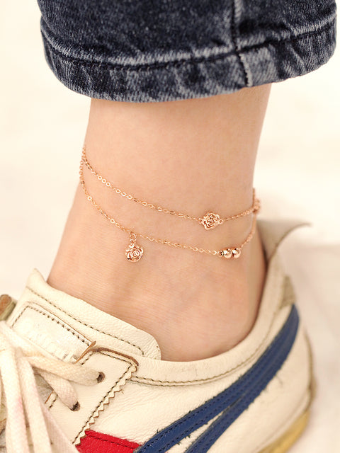 14K Gold Two Lines Rose Ball Anklet