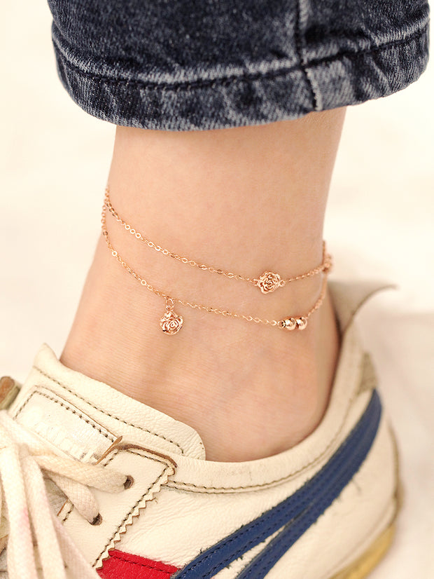 14K Gold Two Lines Rose Ball Anklet